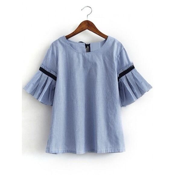 Chepe Italy Blue Short Sleeve Top, Pleated Bell Shaped sleeves, boxy fit, Large - Picture 13 of 14